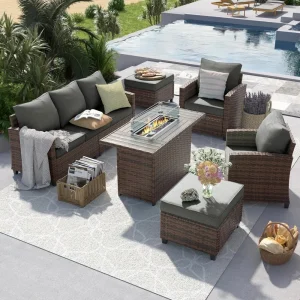 Outdoor Patio Furniture Set with 44" Fire Pit Table,  6 Pieces Sectional Conversation Sets